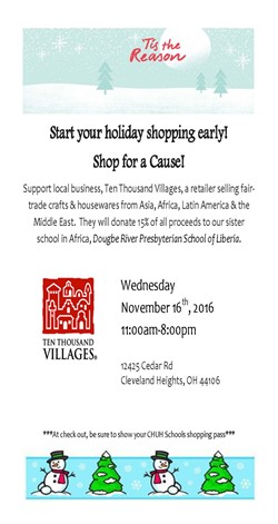 The Ten Thousand Villages Shop for a Cause Flyer.