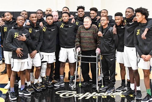Hall of Fame coach Jim Cappelletti with the current Heights High basketball team