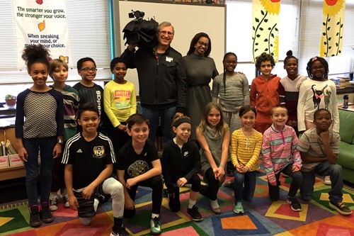 Roxboro Elementary students with News 5 reporter and videographer