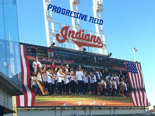 View of orchestra on jumbo screen at Progressive Field