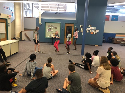 Students doing theater warmup exercises