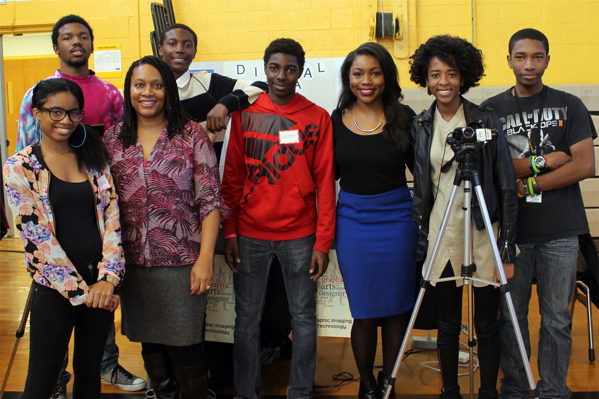 Shanice Dunning with the Digital Video Production class and teacher Cynthia Barnes.