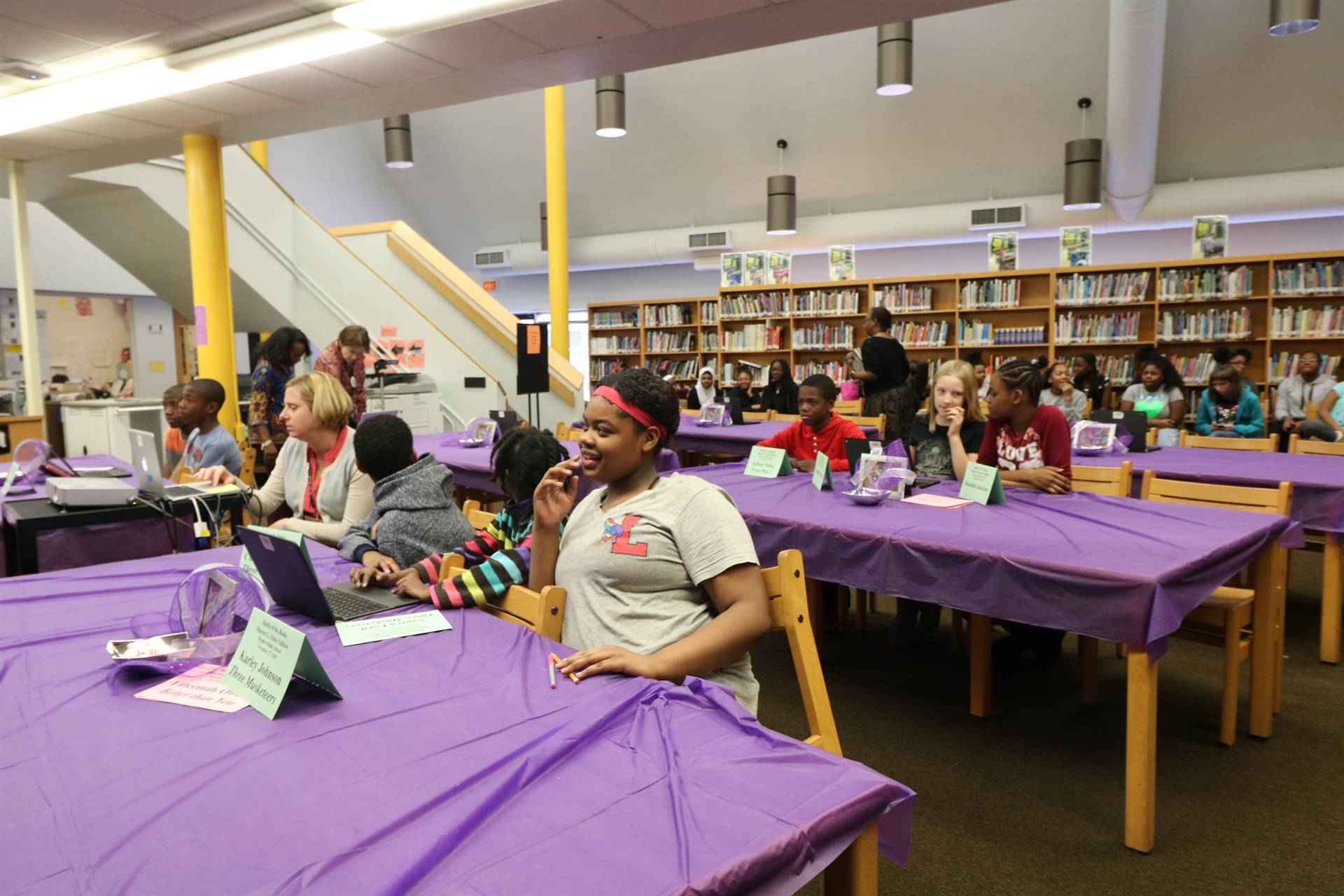 Students sitting at tables discussing quiz questions