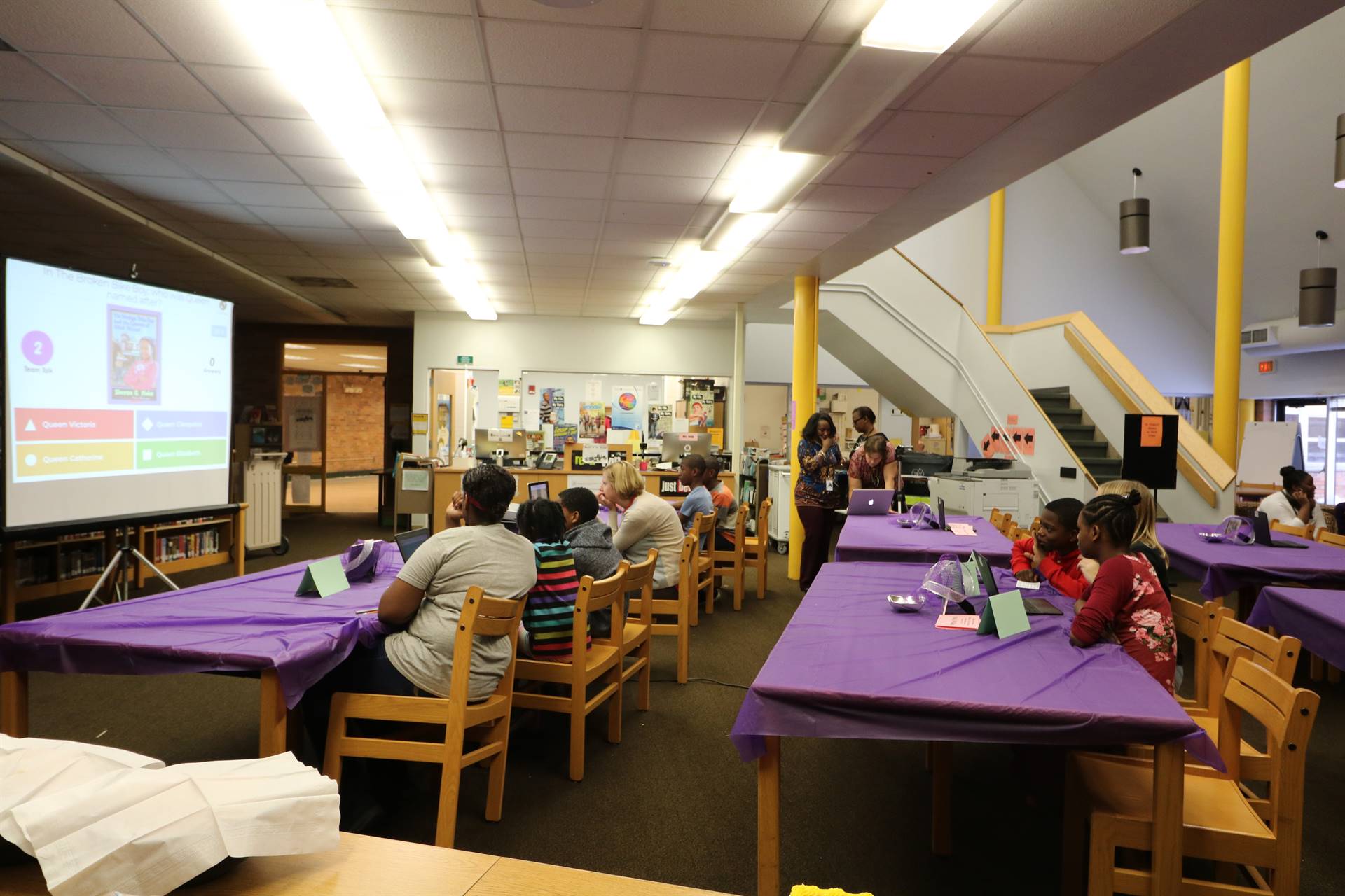 Students sitting at tables discussing quiz questions