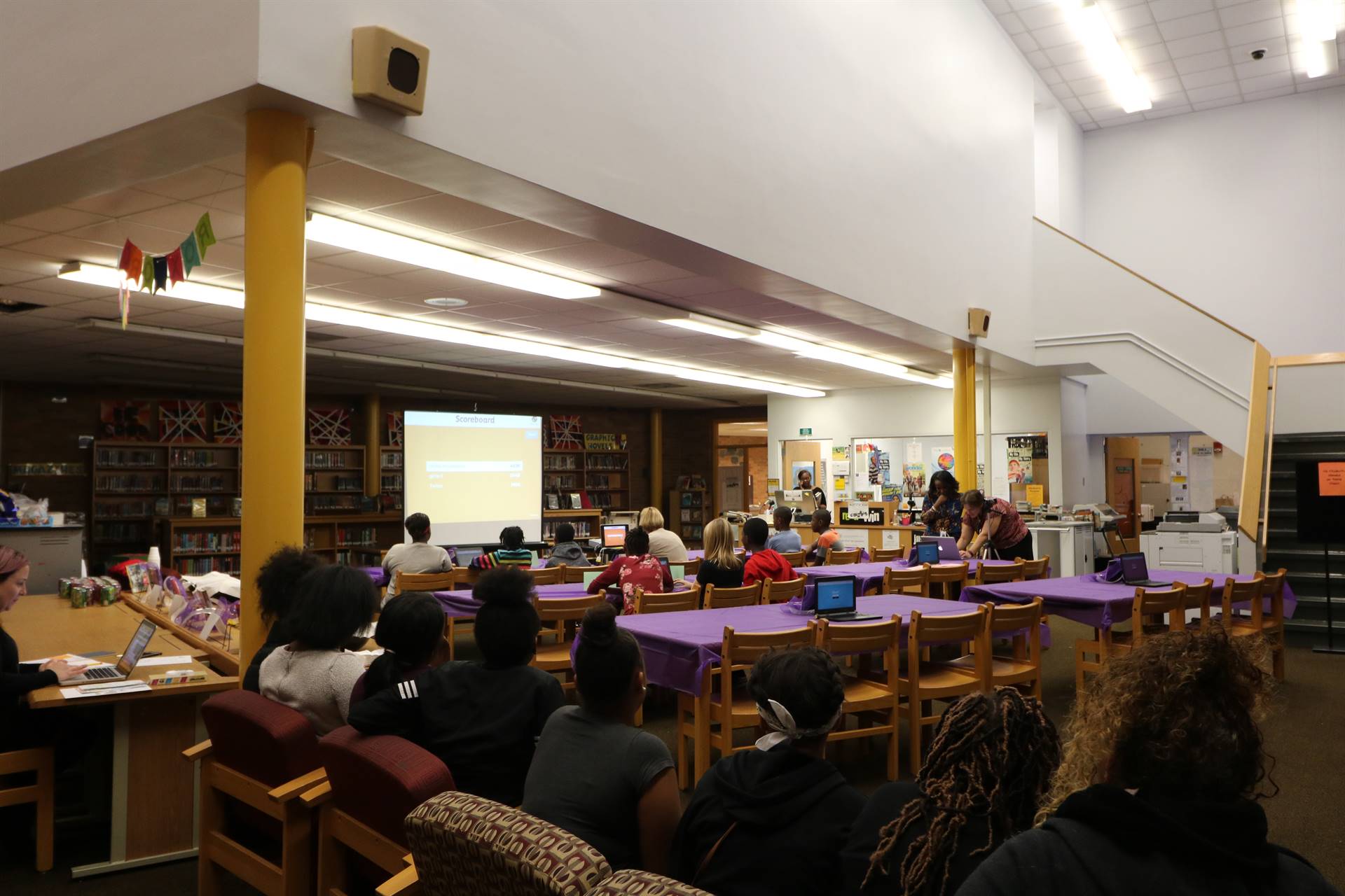 Students sitting at tables discussing quiz questions