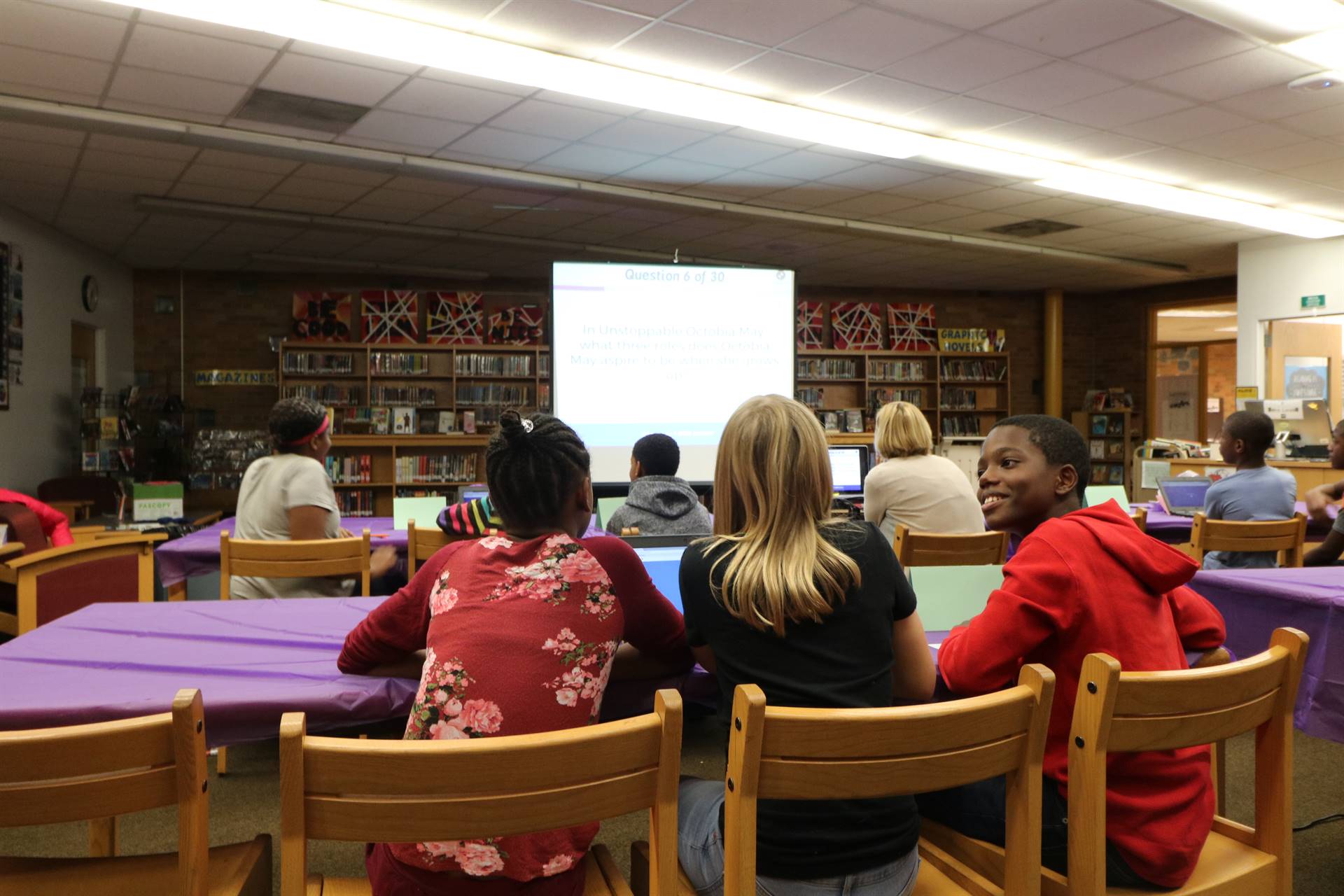 Students sitting at tables discussing quiz questions