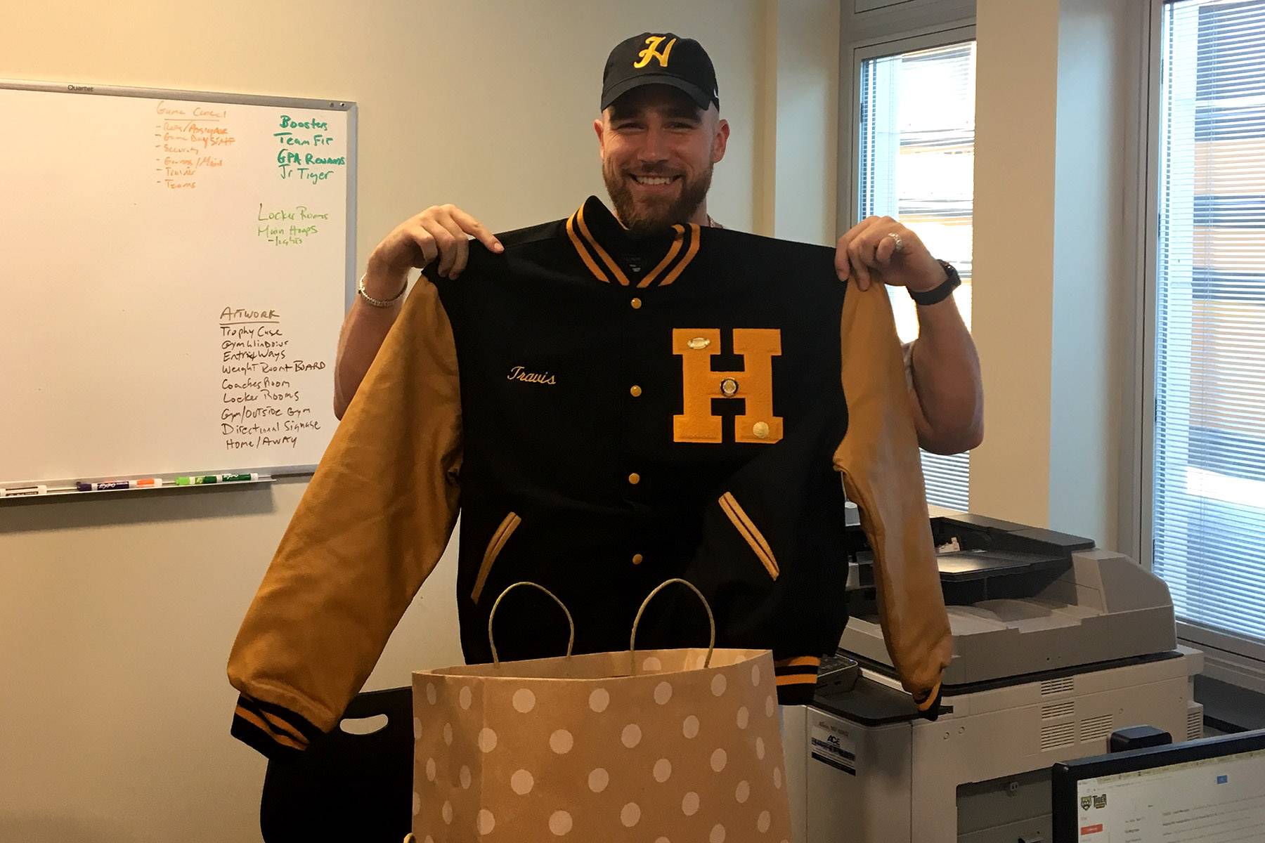 Travis Kelce shows off his new Heights letterman&#39;s jacket