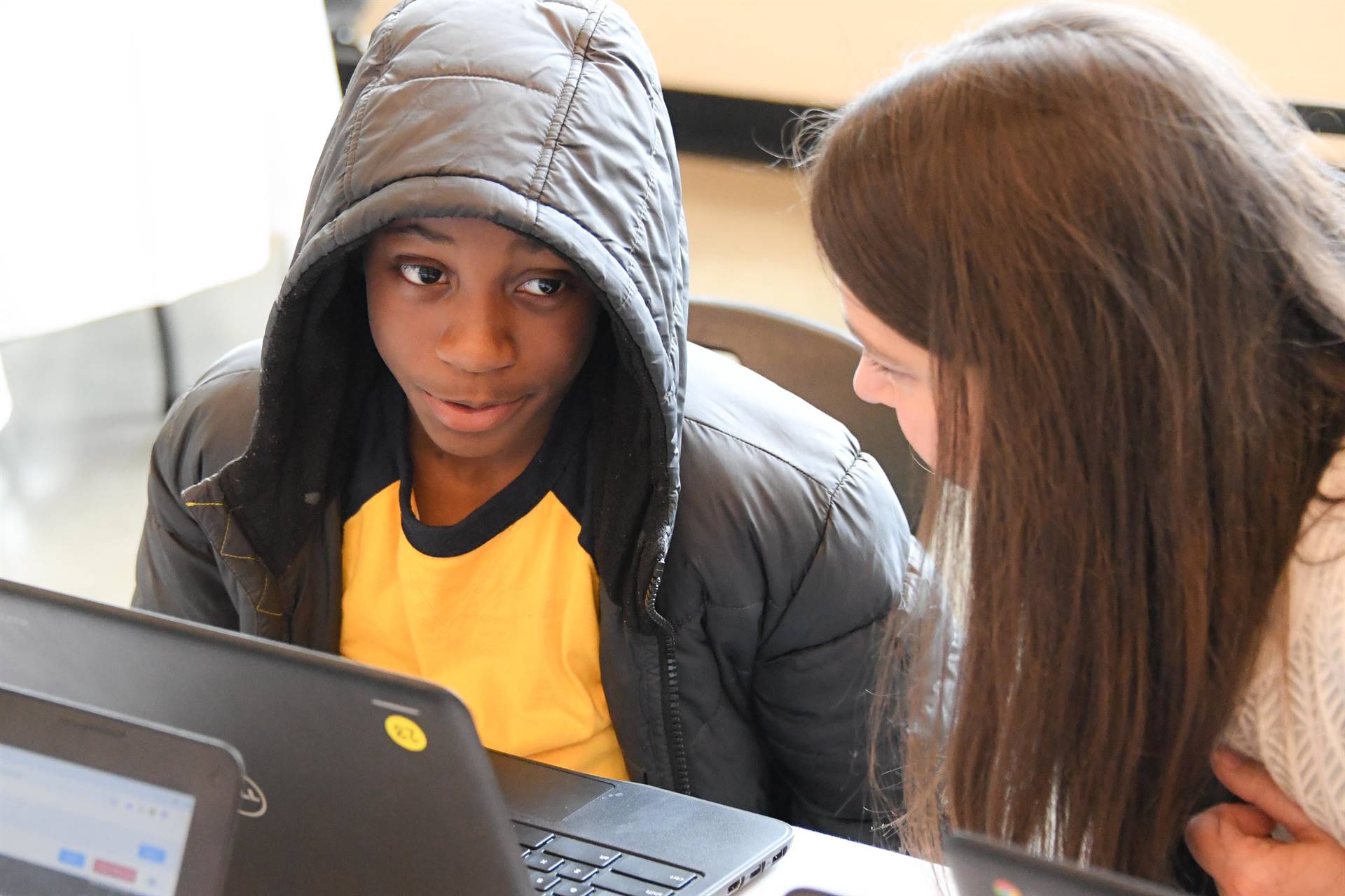 Woman and child working at a computer